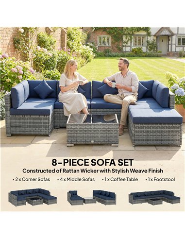 Outsunny 8 Pieces PE Rattan Corner Sofa Set, Outdoor Garden Furniture Set, Patio Wicker Sofa Seater with Cushion, Dark Blue