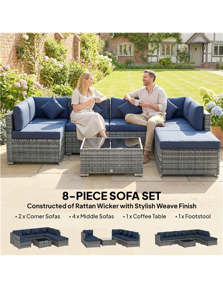 Outsunny 8 Pieces PE Rattan Corner Sofa Set, Outdoor Garden Furniture Set, Patio Wicker Sofa Seater with Cushion, Dark Blue - pic 198867 | FastDaddyshop