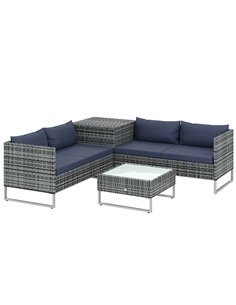 Outsunny 4 Piece Rattan Garden Furniture Set, Outdoor Corner Sofa Set with Storage Table, Loveseats, Cushions - Dark Blue