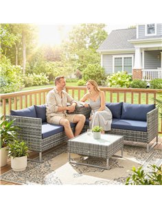 Outsunny 4 Piece Rattan Garden Furniture Set, Outdoor Corner Sofa Set with Storage Table, Loveseats, Cushions - Dark Blue 2
