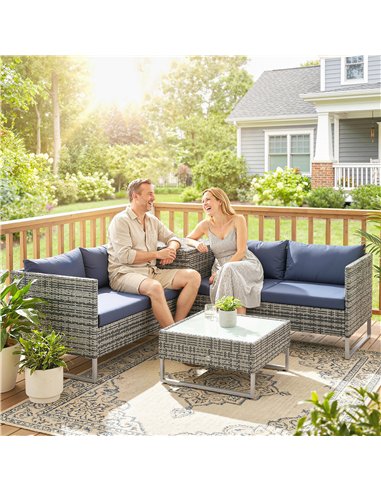 Outsunny 4 Piece Rattan Garden Furniture Set, Outdoor Corner Sofa Set with Storage Table, Loveseats, Cushions - Dark Blue
