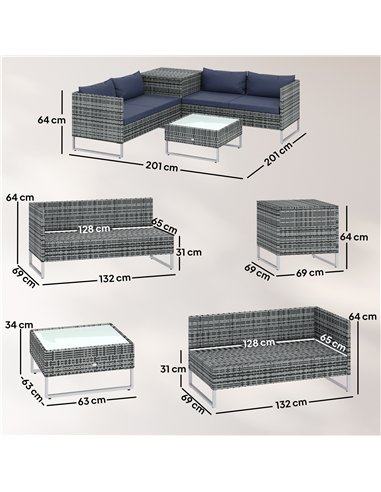 Outsunny 4 Piece Rattan Garden Furniture Set, Outdoor Corner Sofa Set with Storage Table, Loveseats, Cushions - Dark Blue