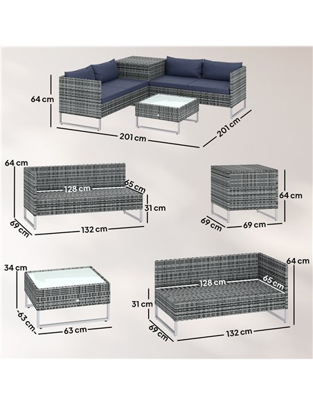 Outsunny 4 Piece Rattan Garden Furniture Set, Outdoor Corner Sofa Set with Storage Table, Loveseats, Cushions - Dark Blue - pic 198873 | FastDaddyshop