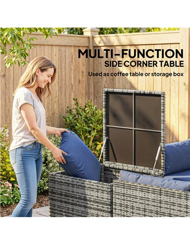 Outsunny 4 Piece Rattan Garden Furniture Set, Outdoor Corner Sofa Set with Storage Table, Loveseats, Cushions - Dark Blue