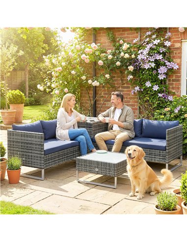 Outsunny 4 Piece Rattan Garden Furniture Set, Outdoor Corner Sofa Set with Storage Table, Loveseats, Cushions - Dark Blue