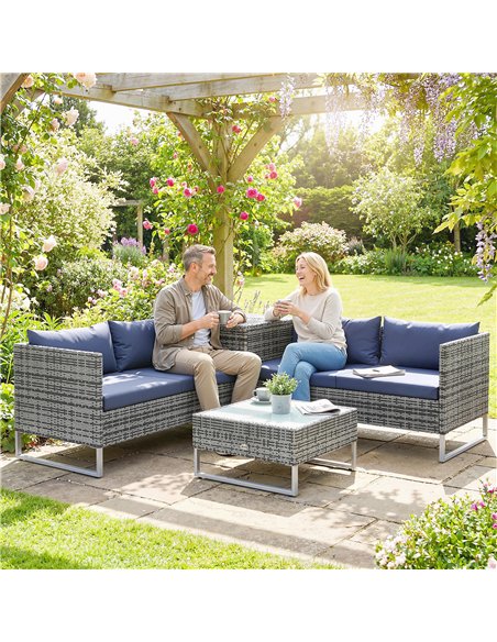 Outsunny 4 Piece Rattan Garden Furniture Set, Outdoor Corner Sofa Set with Storage Table, Loveseats, Cushions - Dark Blue - pic 198879 | FastDaddyshop