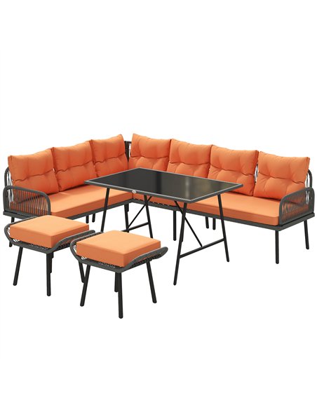 Outsunny 6 Piece Rattan Garden Furniture Set, 8 Seater Garden Corner Sofa with Cushions and Glass Top Table, Orange - pic 198880 | FastDaddyshop