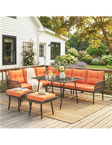 Outsunny 6 Piece Rattan Garden Furniture Set, 8 Seater Garden Corner Sofa with Cushions and Glass Top Table, Orange