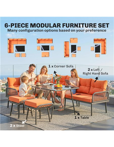 Outsunny 6 Piece Rattan Garden Furniture Set, 8 Seater Garden Corner Sofa with Cushions and Glass Top Table, Orange - pic 198883 | FastDaddyshop