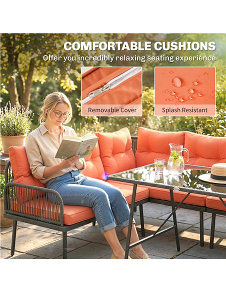 Outsunny 6 Piece Rattan Garden Furniture Set, 8 Seater Garden Corner Sofa with Cushions and Glass Top Table, Orange - pic 198885 | FastDaddyshop
