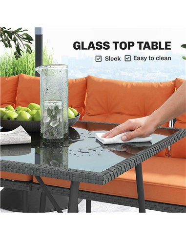 Outsunny 6 Piece Rattan Garden Furniture Set, 8 Seater Garden Corner Sofa with Cushions and Glass Top Table, Orange