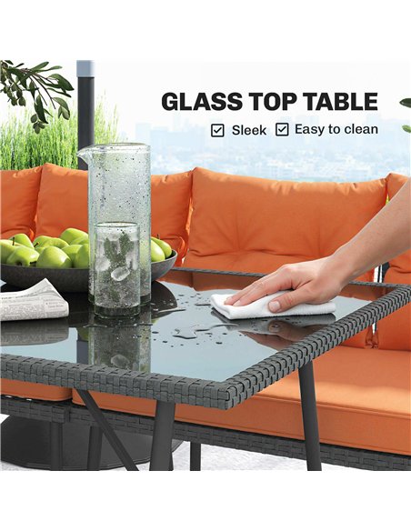 Outsunny 6 Piece Rattan Garden Furniture Set, 8 Seater Garden Corner Sofa with Cushions and Glass Top Table, Orange - pic 198886 | FastDaddyshop