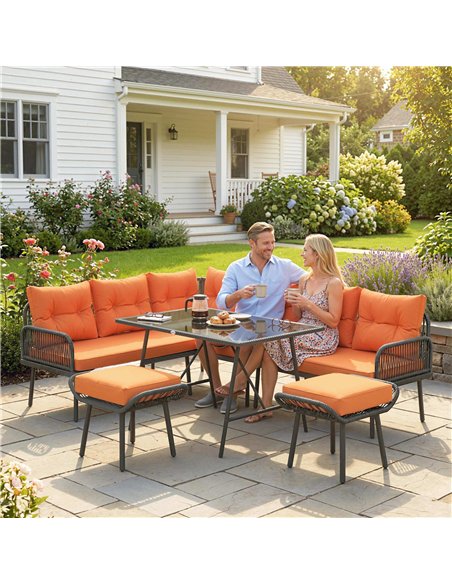 Outsunny 6 Piece Rattan Garden Furniture Set, 8 Seater Garden Corner Sofa with Cushions and Glass Top Table, Orange - pic 198887 | FastDaddyshop