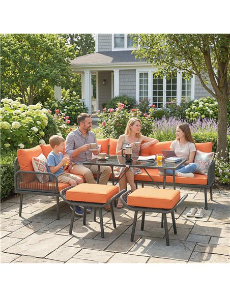Outsunny 6 Piece Rattan Garden Furniture Set, 8 Seater Garden Corner Sofa with Cushions and Glass Top Table, Orange - pic 198888 | FastDaddyshop