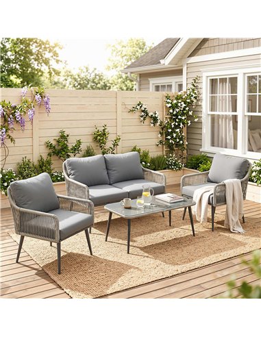 Outsunny Rattan Garden Furniture Set, 4 Piece Outdoor Patio Furniture with Tempered Glass Table and Chairs, Indoor Balcony Conse