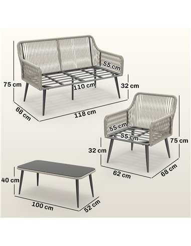 Outsunny Rattan Garden Furniture Set, 4 Piece Outdoor Patio Furniture with Tempered Glass Table and Chairs, Indoor Balcony Conse