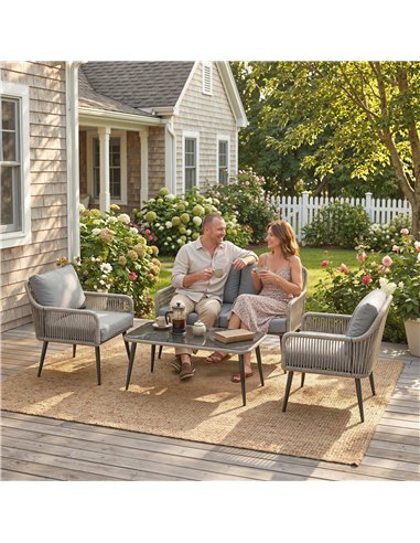Outsunny Rattan Garden Furniture Set, 4 Piece Outdoor Patio Furniture with Tempered Glass Table and Chairs, Indoor Balcony Conse