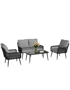 Outsunny Rattan Garden Furniture Set, 4 Piece Outdoor Patio Furniture with Tempered Glass Table and Chairs, Indoor Balcony Conse
