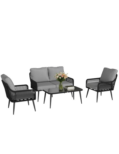 Outsunny Rattan Garden Furniture Set, 4 Piece Outdoor Patio Furniture with Tempered Glass Table and Chairs, Indoor Balcony Conse - pic 198898 | FastDaddyshop