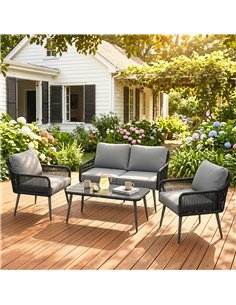 Outsunny Rattan Garden Furniture Set, 4 Piece Outdoor Patio Furniture with Tempered Glass Table and Chairs, Indoor Balcony Conse 2