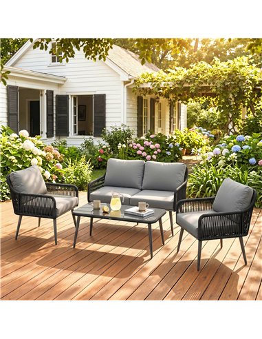 Outsunny Rattan Garden Furniture Set, 4 Piece Outdoor Patio Furniture with Tempered Glass Table and Chairs, Indoor Balcony Conse