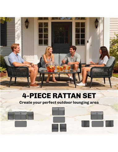 Outsunny Rattan Garden Furniture Set, 4 Piece Outdoor Patio Furniture with Tempered Glass Table and Chairs, Indoor Balcony Conse