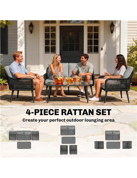 Outsunny Rattan Garden Furniture Set, 4 Piece Outdoor Patio Furniture with Tempered Glass Table and Chairs, Indoor Balcony Conse - pic 198902 | FastDaddyshop