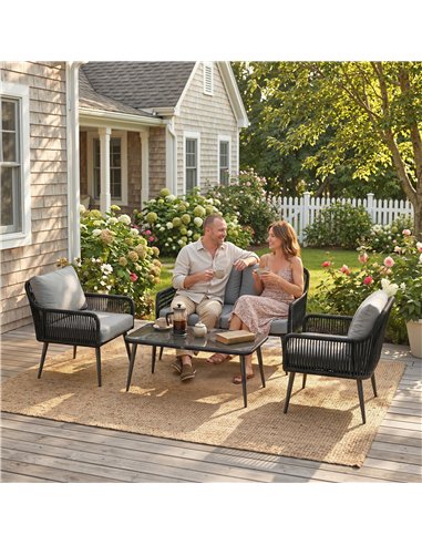 Outsunny Rattan Garden Furniture Set, 4 Piece Outdoor Patio Furniture with Tempered Glass Table and Chairs, Indoor Balcony Conse