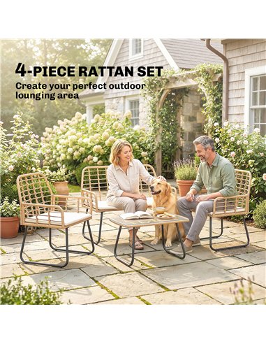 Outsunny 4 Piece Rattan Garden Furniture Set, Outdoor Patio Furniture with Loveseat, Armchairs and Coffee Table