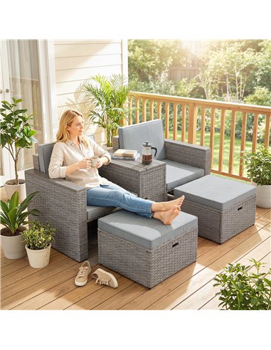 Outsunny 5 Piece Rattan Garden Furniture Set with Storage Table, Footstools, Cushions, Dark Grey