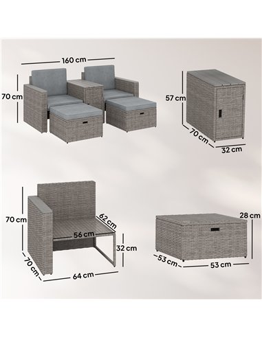Outsunny 5 Piece Rattan Garden Furniture Set with Storage Table, Footstools, Cushions, Dark Grey