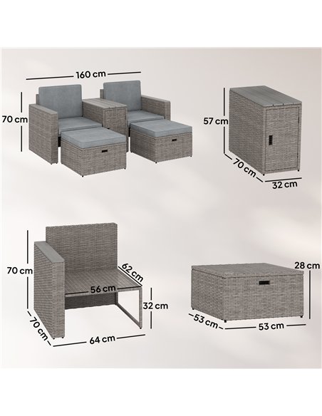 Outsunny 5 Piece Rattan Garden Furniture Set with Storage Table, Footstools, Cushions, Dark Grey - pic 198927 | FastDaddyshop