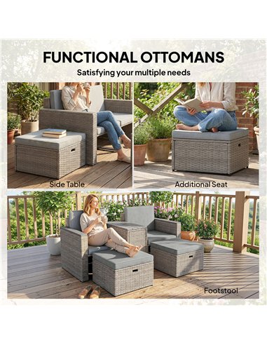Outsunny 5 Piece Rattan Garden Furniture Set with Storage Table, Footstools, Cushions, Dark Grey