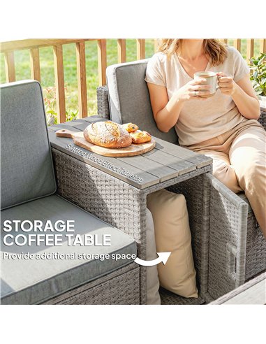 Outsunny 5 Piece Rattan Garden Furniture Set with Storage Table, Footstools, Cushions, Dark Grey