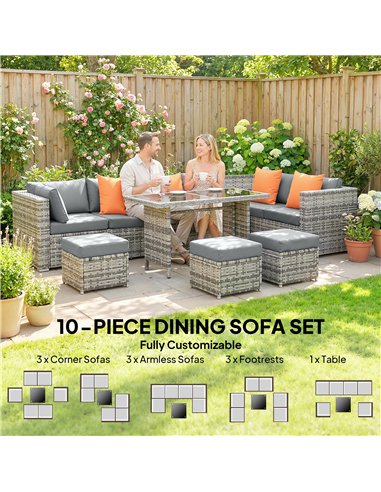Outsunny 10 Piece Rattan Garden Furniture Set, 3 Corner Sofas with 3 Chairs, 3 Stools and Coffee Table, Outdoor Patio Furniture