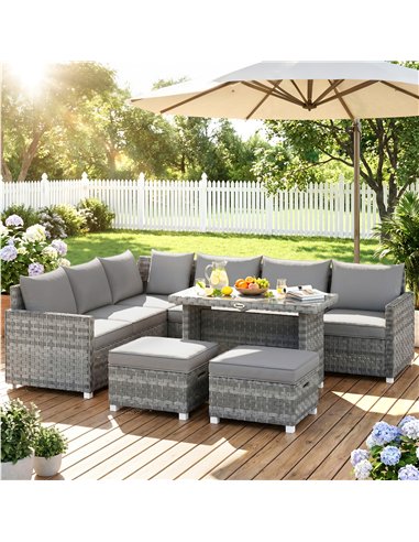 Outsunny 6 Seater Rattan Garden Furniture Set with 3 Sofas, 2 Footstools, Table, Patio Rattan Furniture Sofa Sets, Grey