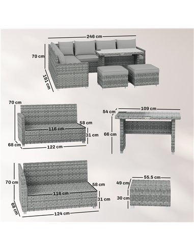 Outsunny 6 Seater Rattan Garden Furniture Set with 3 Sofas, 2 Footstools, Table, Patio Rattan Furniture Sofa Sets, Grey