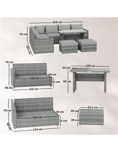 Outsunny 6 Seater Rattan Garden Furniture Set with 3 Sofas, 2 Footstools, Table, Patio Rattan Furniture Sofa Sets, Grey - pic 198945 | FastDaddyshop