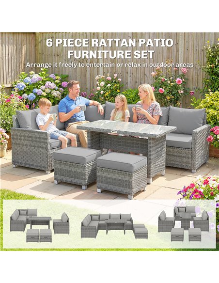 Outsunny 6 Seater Rattan Garden Furniture Set with 3 Sofas, 2 Footstools, Table, Patio Rattan Furniture Sofa Sets, Grey - pic 198946 | FastDaddyshop