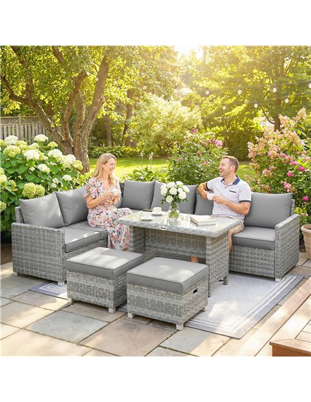 Outsunny 6 Seater Rattan Garden Furniture Set with 3 Sofas, 2 Footstools, Table, Patio Rattan Furniture Sofa Sets, Grey - pic 198950 | FastDaddyshop
