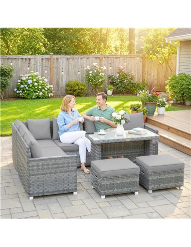 Outsunny 6 Seater Rattan Garden Furniture Set with 3 Sofas, 2 Footstools, Table, Patio Rattan Furniture Sofa Sets, Grey