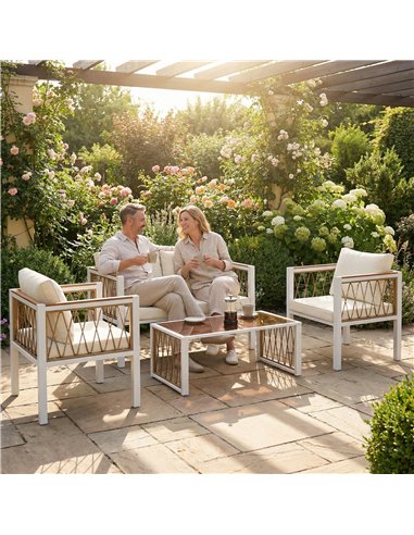 Outsunny 4 Piece Rattan Garden Furniture Set with Loveseat, 2 Armchairs, Cream White