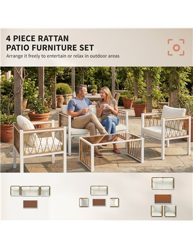 Outsunny 4 Piece Rattan Garden Furniture Set with Loveseat, 2 Armchairs, Cream White
