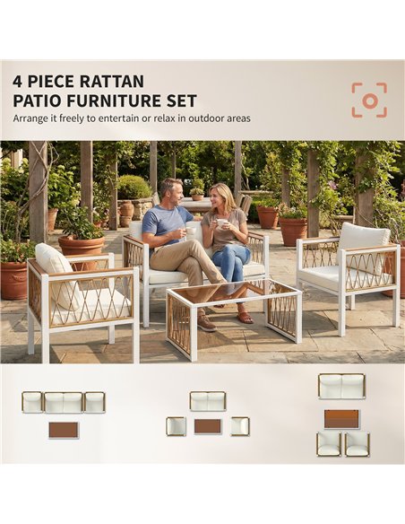 Outsunny 4 Piece Rattan Garden Furniture Set with Loveseat, 2 Armchairs, Cream White - pic 198956 | FastDaddyshop