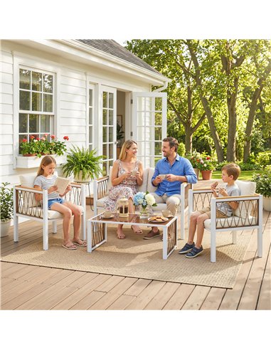 Outsunny 4 Piece Rattan Garden Furniture Set with Loveseat, 2 Armchairs, Cream White