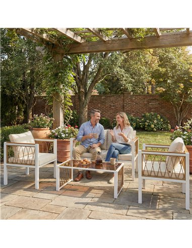 Outsunny 4 Piece Rattan Garden Furniture Set with Loveseat, 2 Armchairs, Cream White