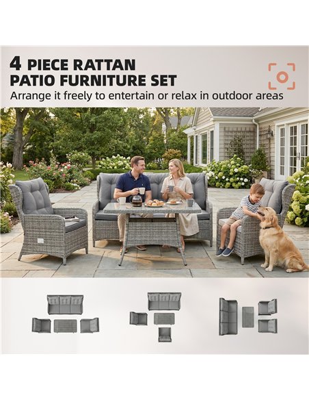 Outsunny 5 Seater Rattan Garden Furniture Set with Sofa, Reclining Chairs, Table, Patio Rattan Furniture Sofa Sets, Grey - pic 198964 | FastDaddyshop