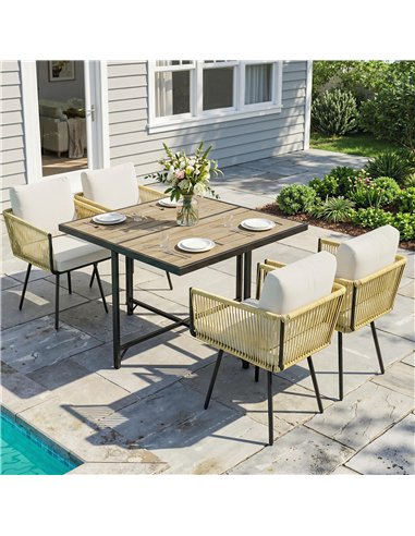 Outsunny 5 Piece Garden Furniture Set, Garden Dining Set with Wood-Plastic Table and 4 Armchairs, Beige