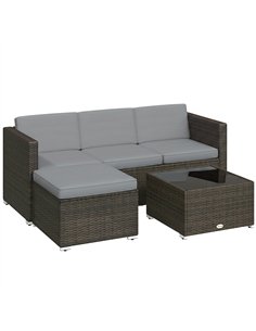 Outsunny 3 Pieces Garden Furniture Set w/ Cushions, PE Rattan Wicker Conversation Corner Sofa Set, Light Grey