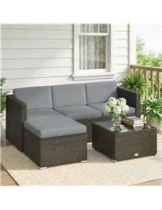 Outsunny 3 Pieces Garden Furniture Set w/ Cushions, PE Rattan Wicker Conversation Corner Sofa Set, Light Grey 2